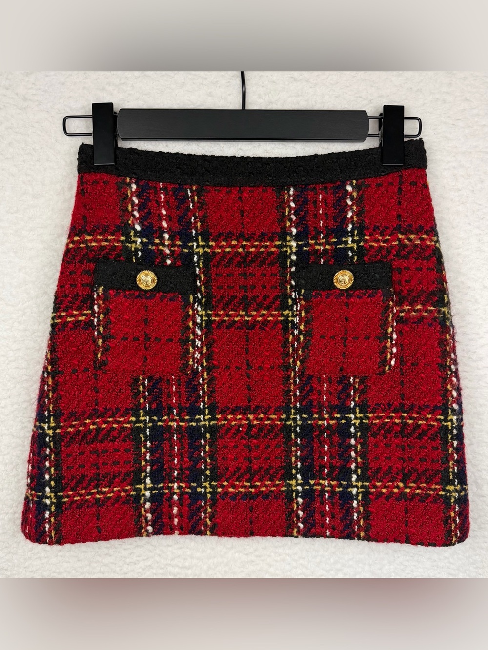 ZARA • Red/Black Tartan Plaid Tweed Mini Skirt, XS - Picture 10 of 16